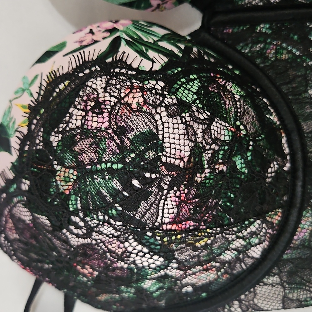 Victoria’s Secret Floral With Black Lace Push Up Padded Bustier Bra - Size 32DD - Picture 4 of 6